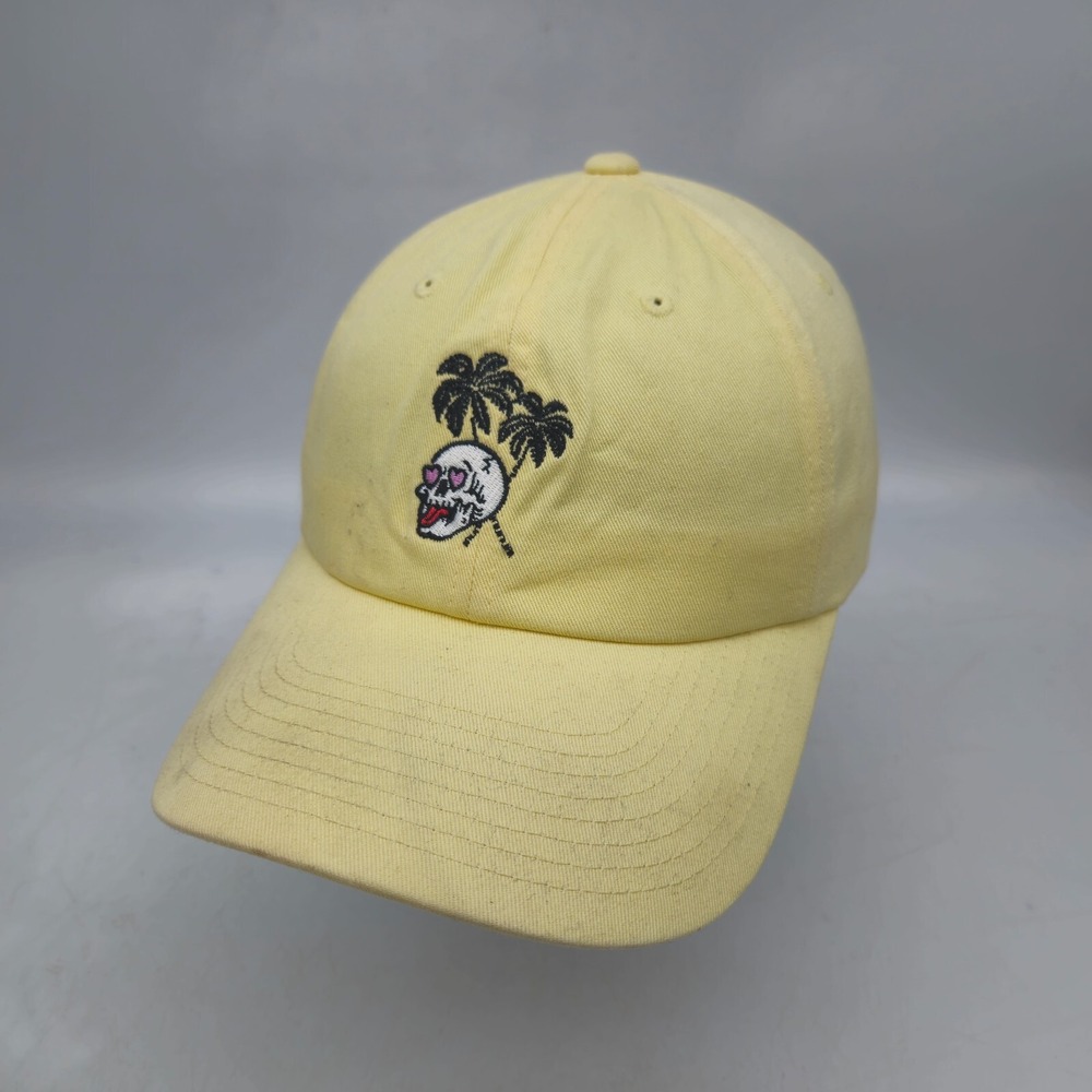 Volcom Strapback Hat Baseball Cap Yellow Skull Palm Trees Logo Skate Beach